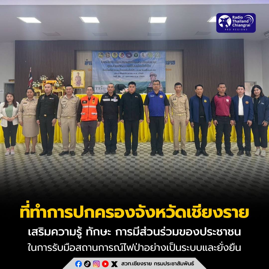 ที่ทำการปกครองจังหวัดเชียงราย เดินหน้าป้องกันและแก้ไขปัญหาไฟป่าและหมอกควัน จัดฝึกอบรมเพิ่มประสิทธิภาพชุดลาดตระเวนป้องกันและดับไฟป่า ในพื้นที่ตำบลเสี่ยงเกิดไฟป่า รุ่นที่ 2 เพื่อเสริมสร้างความรู้ ทักษะ และการมีส่วนร่วมของภาคประชาชน ในการรับมือสถานการณ์ไฟป่าอย่างเป็นระบบและยั่งยืน