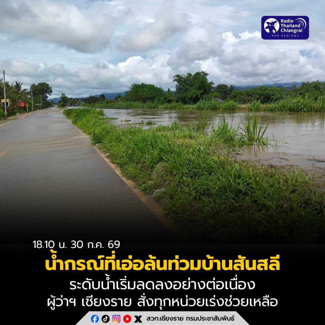 ระดับน้ำกรณ์ที่เอ่อล้นท่วมบ้านสันสลี ระดับน้ำเริ่มลดลง ผู้ว่าฯ เชียงราย สั่งทุกหน่วยเร่งช่วยเหลือ-ติดตามสถานการณ์ใกล้ชิด