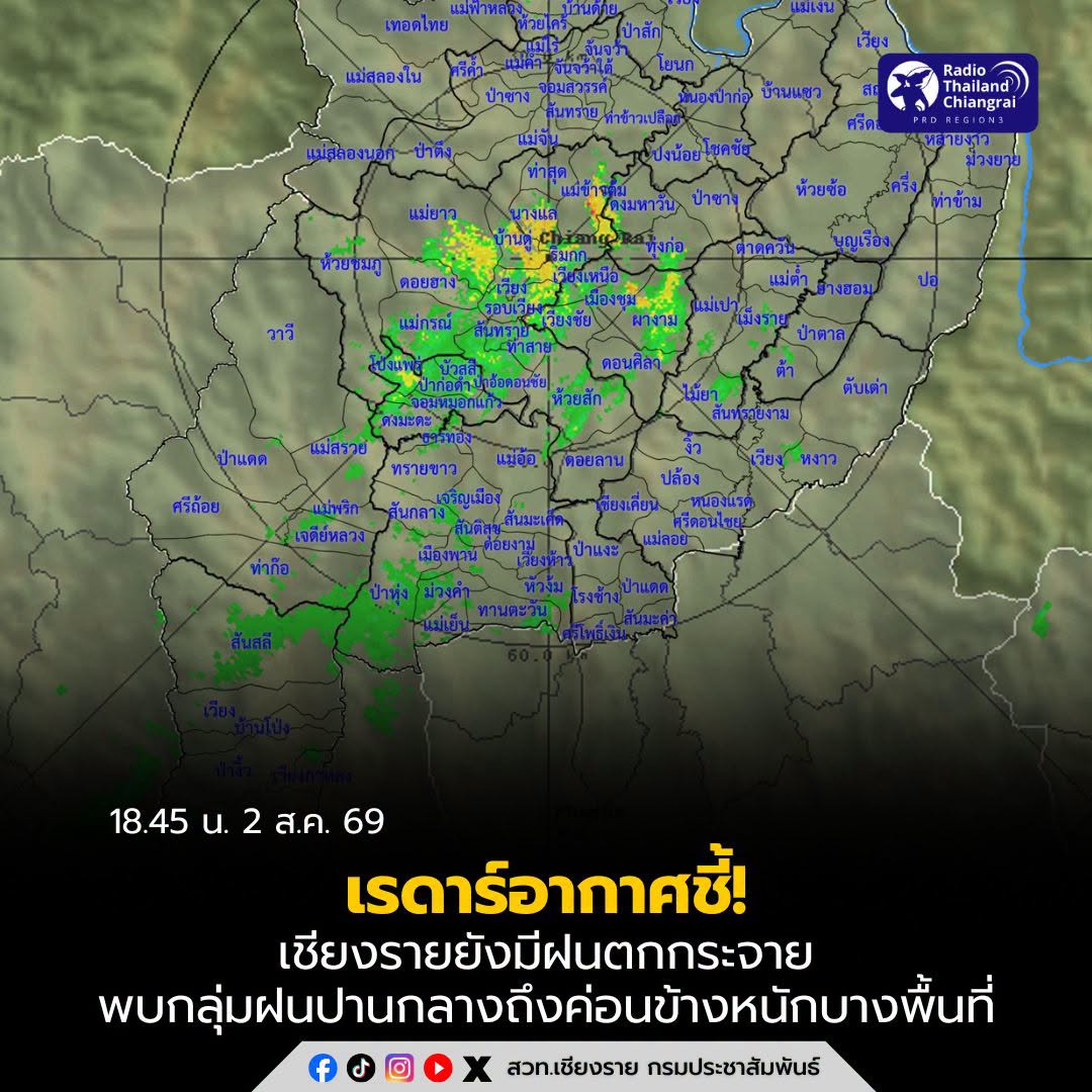 เรดาร์อากาศชี้! เชียงรายยังมีฝนตกกระจาย พบกลุ่มฝนปานกลางถึงค่อนข้างหนักบางพื้นที่